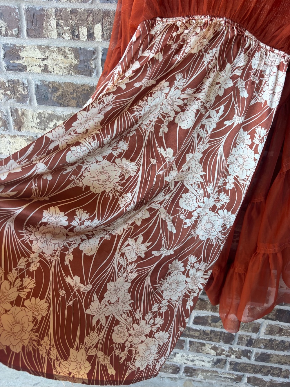 Gorgeous Baltic Born Terracotta Floral Midi Dress Smocked Ruffle Tiered Boho - Picture 6 of 11